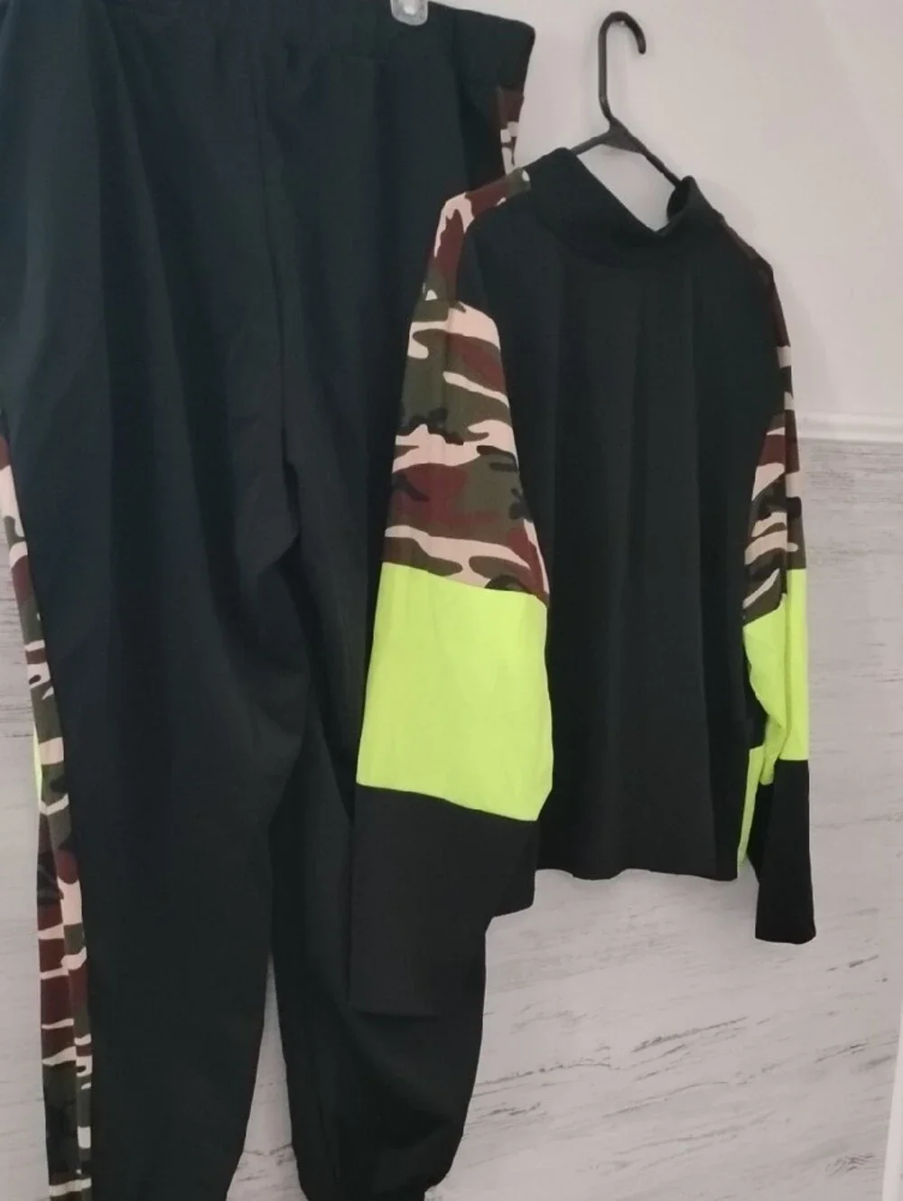 Ashley Stewart Camouflage Track Jacket & Matching Pants with Neon Yellow Accents